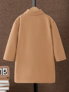 1件小男孩秋冬休閒英倫風長袖鈕扣中長款大衣外套，柔軟舒適羊毛面料，適合日常穿著與戶外活動，適合4-7歲男孩秋冬穿著 - 卡其色 - 查看 2