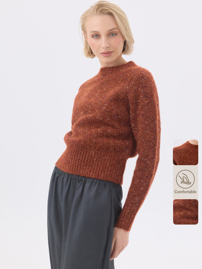 KÆRIA Hus Deep Hem Crew-Neck Sweater - Brushed Textured Knit - Burnt Rust Multi Marle - High Neck, Minimalist