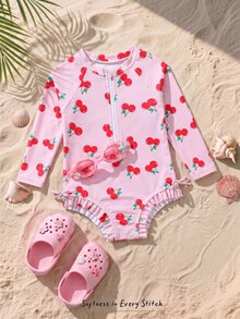 SHEIN Baby Girl One-Piece Long Sleeve Swimsuit Matching Sun Hat Cherry Print Sun-Protective Swimwear Half-Zip Quick-Drying Water Play Set Hot Pink Summer - Pink - View 1