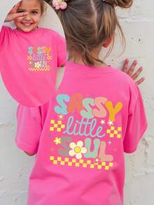 SHEIN Explorewe Young Girl Simple Floral, Letter Star Print Short Sleeve T-Shirt, Casual Baby Fairy Fashion, Comfortable, Spring/Summer, School - Hot Pink - View 3