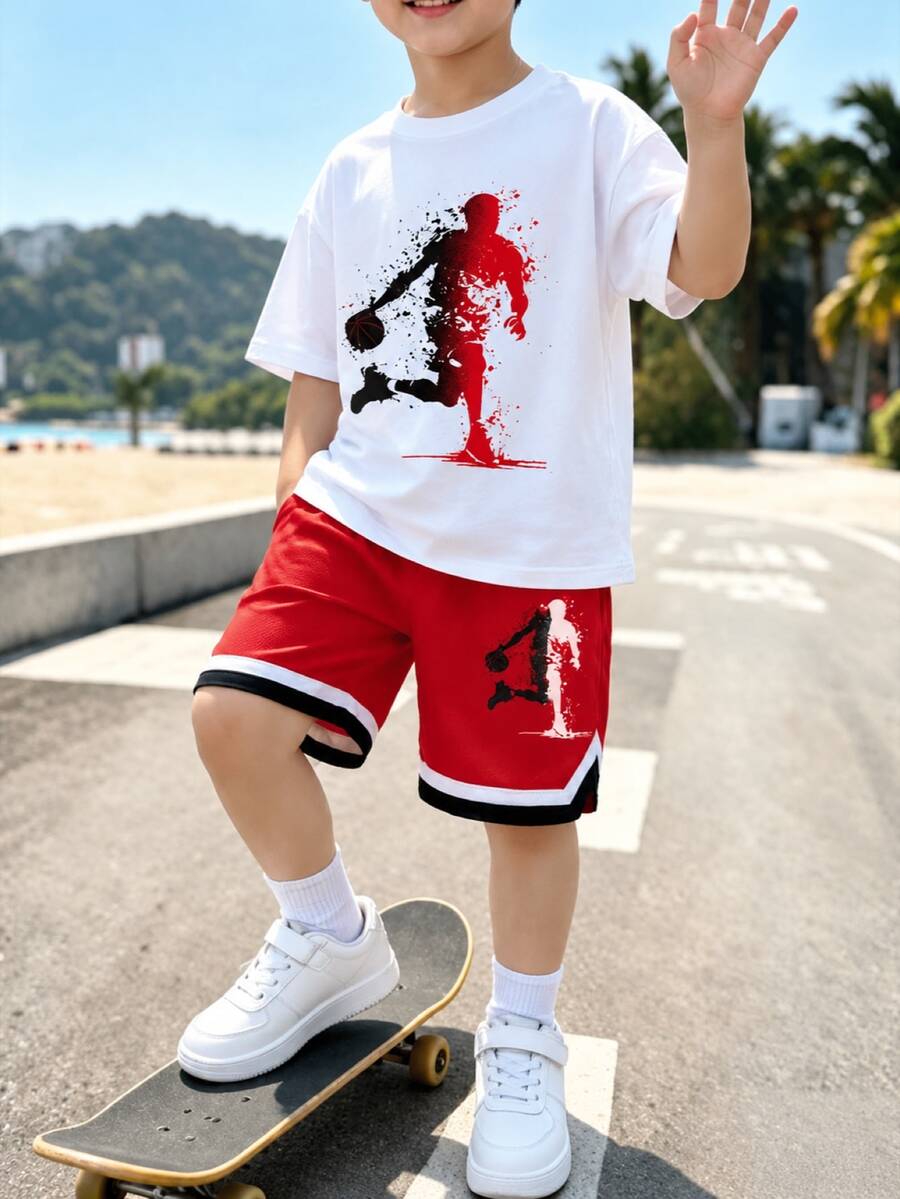 SHEIN 青少年男孩籃球街頭風寬鬆射擊印花圓領短袖T恤口袋短褲套裝，白色夏季Sixth Form派對穿搭