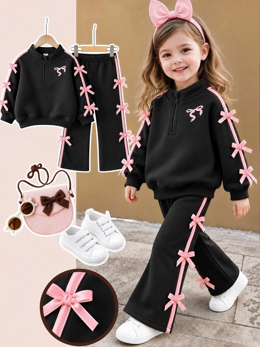 SHEIN Baby Girl 2pcs Outfits Sweet Bow Knot Half Zip Sweatshirt And Pants Set