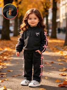 SHEIN Baby Girl 2pcs Outfits Sweet Bow Knot Half Zip Sweatshirt And Pants Set - Navy Blue - View 12