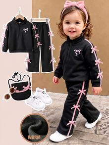 SHEIN Baby Girl 2pcs Outfits Sweet Bow Knot Half Zip Sweatshirt And Pants Set - Navy Blue - View 11