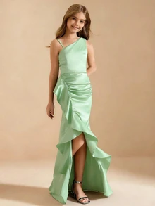 Tween Girls Spaghetti Strap Square Neck Fitted Slit Ruffle Hem Dress, Wedding Evening Party Prom Birthday Event Mint Green Summer Formal Elegant Christmas - Green - View 6