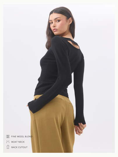 KÆRIA Hus Reversible Boat Neck Cutout Back Long Sleeve Knit Top - Fine Wool Blend - Black - Minimalist, Layering,Layering, Modern, Sexy