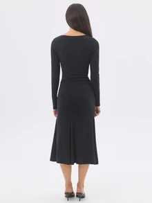 KÆRIA Hus Boat Neck Waist Tie Midi Dress - Peached Cotton Drape - Black - Draped, Feminine, Day To Night - Black - View 3