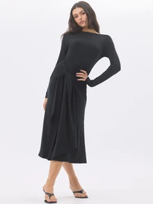 KÆRIA Hus Boat Neck Waist Tie Midi Dress - Peached Cotton Drape - Black - Draped, Feminine, Day To Night - Black - View 5