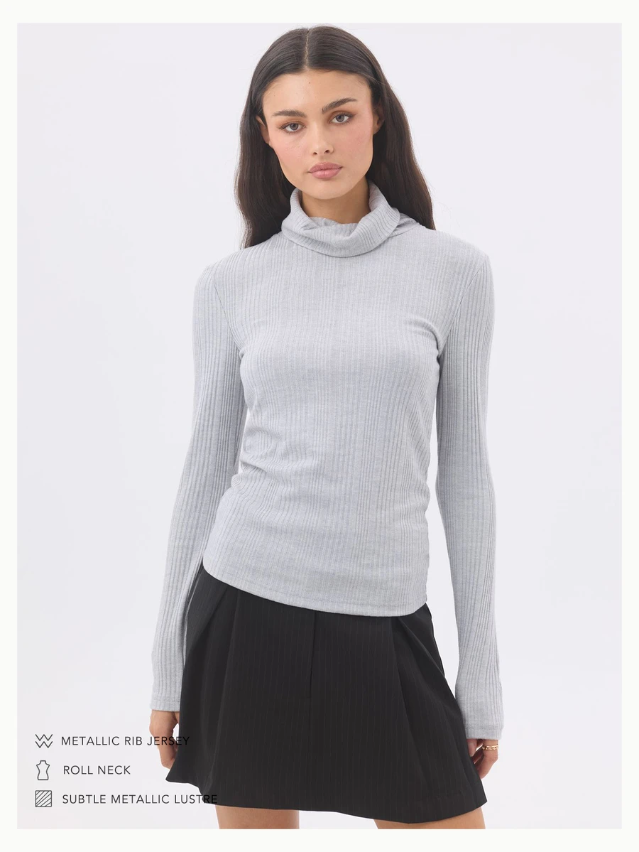 KÆRIA Hus Long Sleeve Roll Neck Top - Metallic Rib Jersey - Light Grey - Layering, Minimalist Basic, Modern Office Fall - Grey - View 1
