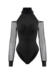 Trelyra Women's Black Mesh Cold Shoulder Long Sleeve Bodysuit, Ruched Slim Fit Sheer Mesh Patchwork Base Layer, Fashionable Sexy Bodysuit For Autumn/Winter Social Occasions - Black - View 6