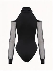Trelyra Women's Black Mesh Cold Shoulder Long Sleeve Bodysuit, Ruched Slim Fit Sheer Mesh Patchwork Base Layer, Fashionable Sexy Bodysuit For Autumn/Winter Social Occasions - Black - View 7