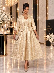 Fleurora Plus Size Gold Fall Elegant Formal Wedding Jacquard Jacket And Slip Dress 2 Pieces Set For Ladies Special Occasion Reception Party New Year Christmas - Gold - View 1