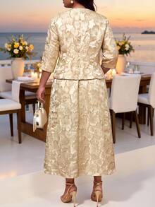 Fleurora Plus Size Gold Fall Elegant Formal Wedding Jacquard Jacket And Slip Dress 2 Pieces Set For Ladies Special Occasion Reception Party New Year Christmas - Gold - View 2