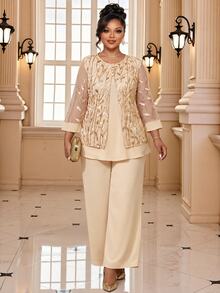 Fleurora Plus Size Champagne 2 Pieces Set Elegant Romantic Sequin Embroidery And Pants,Beige Fall Wedding Formal Guest Party Luxury Evening Outfits New Year - Champagne - View 1