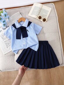 SHEIN Young Girl White Brown Sailor Collar Single-Breasted Short Sleeve T-Shirt And Solid Color Mini Skirt Casual Daily Birthday Outfit Summer - Blue - View 3
