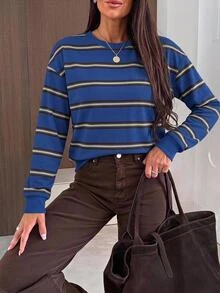 SHEIN LUNE 女款條紋圓領落肩長袖上衣，適合社交場合、夜生活、日常穿搭、冬季服飾與節慶造型 - 白色 - 查看 7