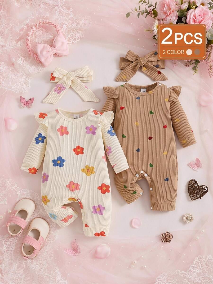 SHEIN Beige Cartoon Print Newborn Baby Jumpsuit, Heart Flower All-Over Print, Cute Funny Knitted Baptism Brown Fall Family Matching First Birthday Vacation