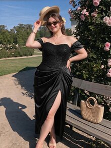 SHEIN MOD فستان ميدي كاجوال لامع مكشكش بدون أكتاف للنساء مقاس كبير، مناسب لعيد الميلاد والحفلات والتجمعات والأعراس والمناسبات الاحتفالية الأخرى. - الأسود - مشاهدة 6