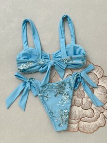 Costavie 春夏流行熱銷刺繡布料兩件式高端度假比基尼套裝 - 藍色 - 查看 7