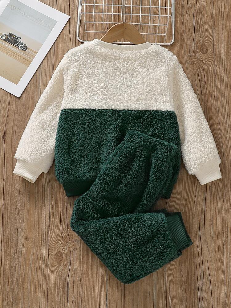 KIDS Boys Colorblock Coral Fleece Set MILANO Letter Embroidery Plush Long Sleeve Top And Cuffed Pants, Casual Daily Outfit, Fashionable 2 Pieces Set For Autumn/Winter - Green - View 3