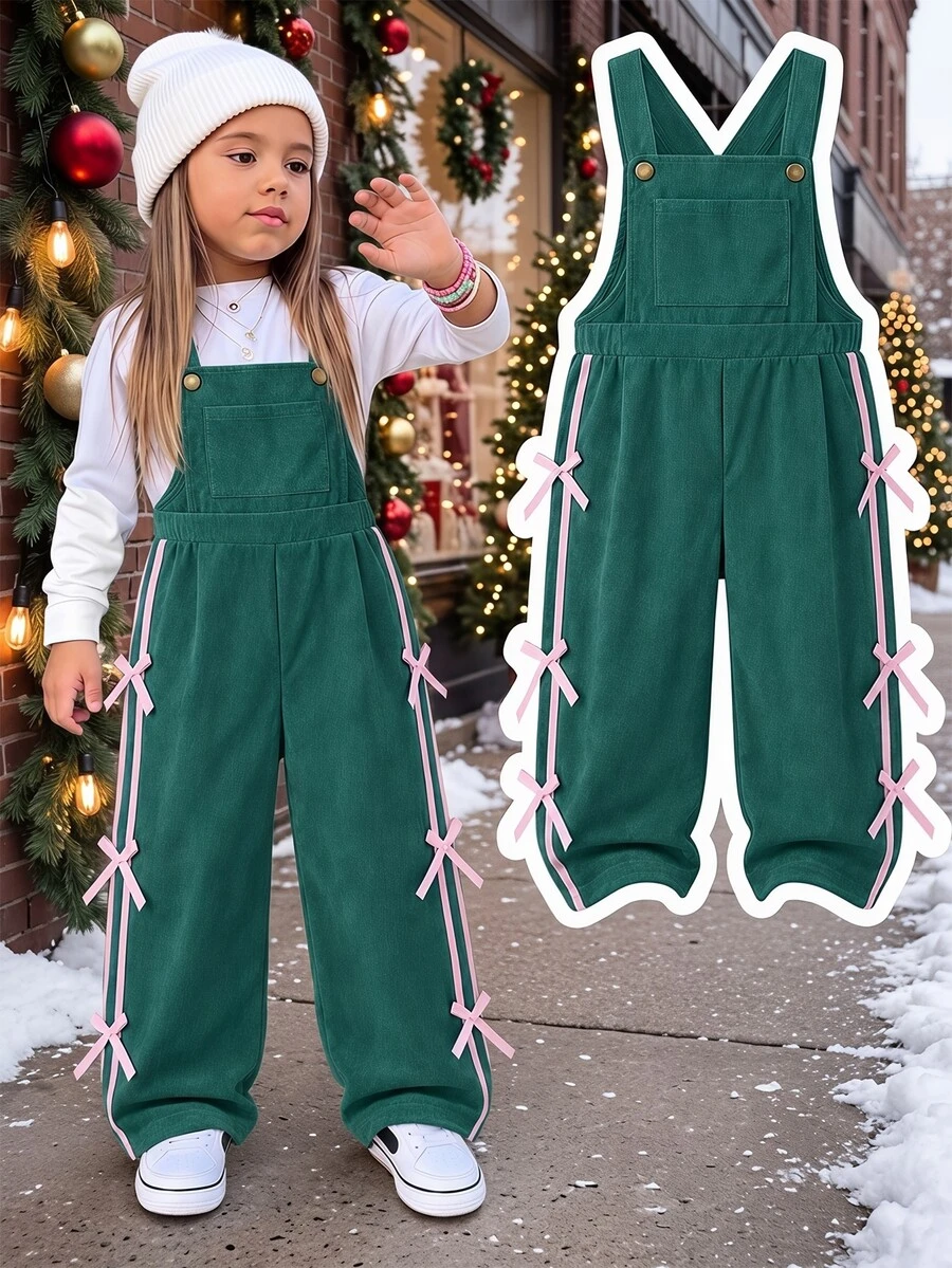 Girls Corduroy Overalls, Cute Bow Ribbon Side Stripe Wide Leg Jumpsuit Fall Pants School Graduation White Emerald Green - Green - View 1