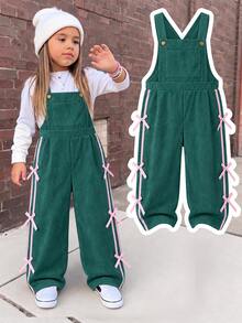 Girls Corduroy Overalls, Cute Bow Ribbon Side Stripe Wide Leg Jumpsuit Fall Pants School Graduation White Emerald Green - Green - View 8