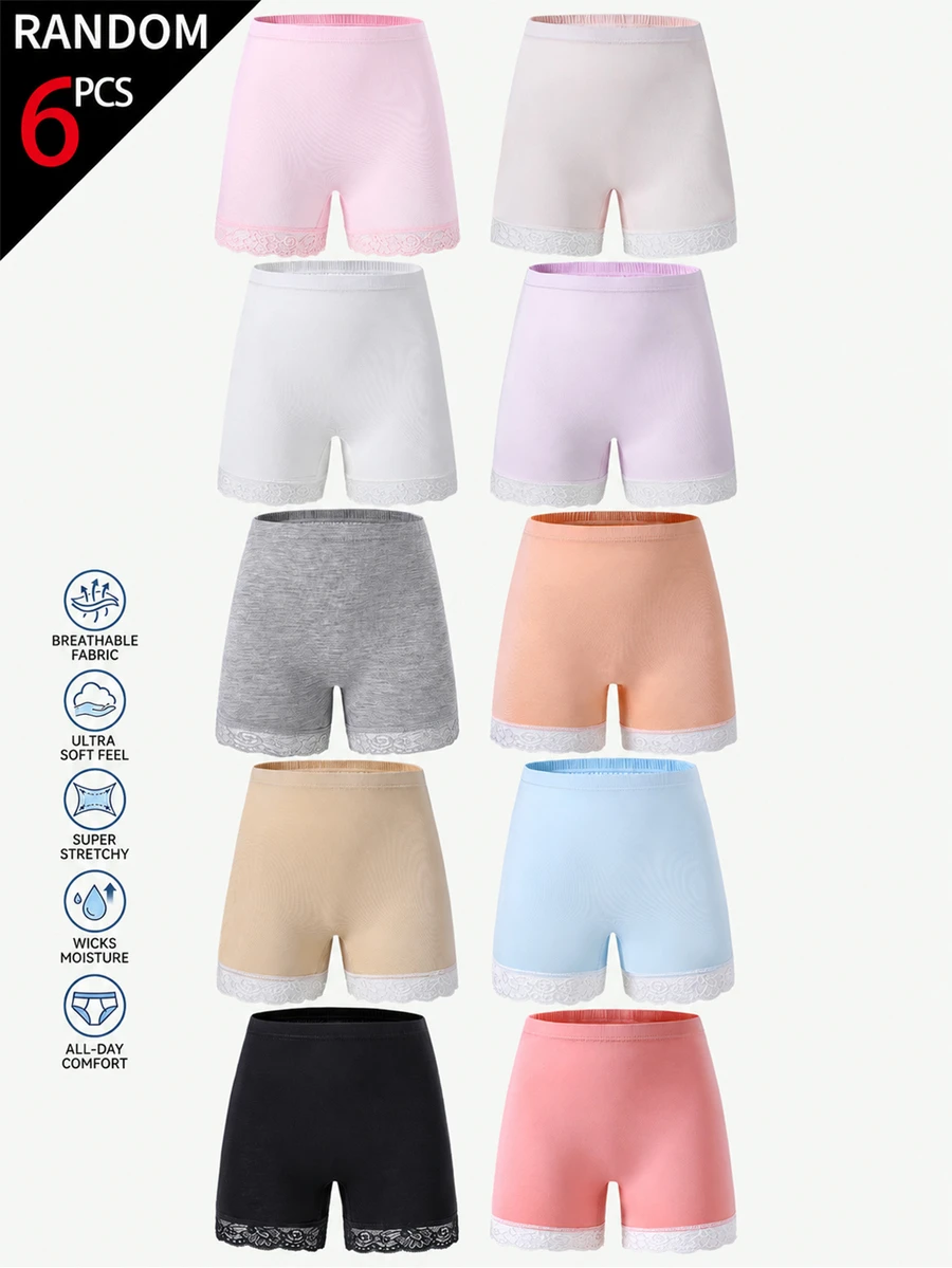 Tween Girl 6pcs Random Solid Lace Patchwork Boxer Briefs, Comfortable Breathable Underwear Shorts Set White Baby Pink Baby Blue Fall Daily