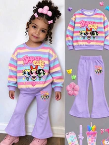 THE POWERPUFF GIRLS X SHEIN Baby Girl Casual Cute Striped Cartoon Print Crew Neck Long Sleeve Sweatshirt And Flared Pants Set, Suitable For Autumn/Winter - Multicolor - View 1