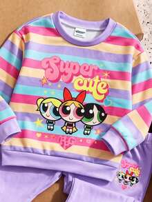 THE POWERPUFF GIRLS X SHEIN Baby Girl Casual Cute Striped Cartoon Print Crew Neck Long Sleeve Sweatshirt And Flared Pants Set, Suitable For Autumn/Winter - Multicolor - View 4