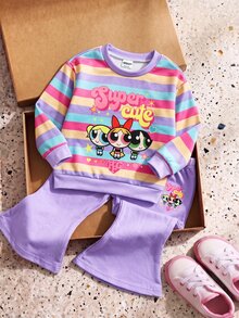 THE POWERPUFF GIRLS X SHEIN Baby Girl Casual Cute Striped Cartoon Print Crew Neck Long Sleeve Sweatshirt And Flared Pants Set, Suitable For Autumn/Winter - Multicolor - View 3