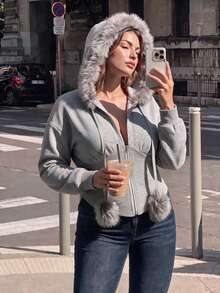 SHEIN MOD Plus-Size Cropped Light Gray Long-Sleeved Knit Sweatshirt With Faux Fur Collar And Hooded Zip-Up Design. Suitable For Autumn/Winter, Y2K, Christmas - Grey - View 1