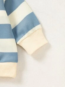 SHEIN Newborn Male Baby Blue And White Stripe Teddy Bear Pattern Top Pants Set Cute Fall Round Neck Long Sleeved Family Matching Coming - Blue - View 4