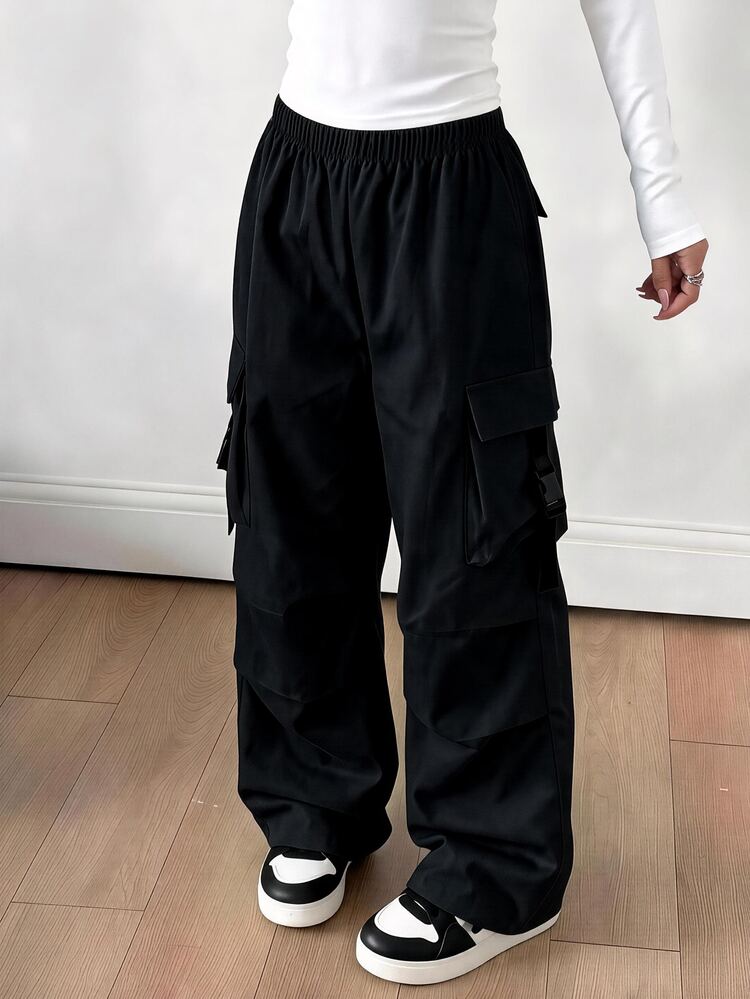 SHEIN Teen Girls Pants Beach Cycling Black Fall Baggy Cute - Black - View 7