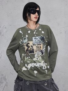 ROMWE Grunge Punk تي شيرت نسائي بقصة ضيقة فضفاضة مطرزة بتصميم رقعات مع مسامير معدنية بأسلوب جرنج عتيق ممزق بانك - أخضر عسكري - مشاهدة 4