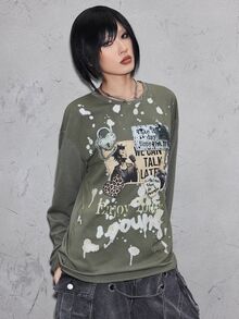 ROMWE Grunge Punk تي شيرت نسائي بقصة ضيقة فضفاضة مطرزة بتصميم رقعات مع مسامير معدنية بأسلوب جرنج عتيق ممزق بانك - أخضر عسكري - مشاهدة 5