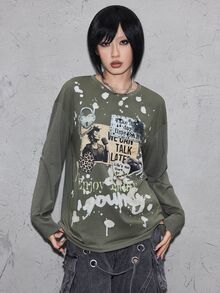 ROMWE Grunge Punk تي شيرت نسائي بقصة ضيقة فضفاضة مطرزة بتصميم رقعات مع مسامير معدنية بأسلوب جرنج عتيق ممزق بانك - أخضر عسكري - مشاهدة 7