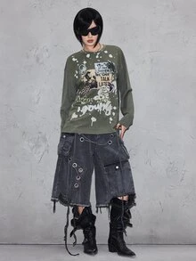 ROMWE Grunge Punk تي شيرت نسائي بقصة ضيقة فضفاضة مطرزة بتصميم رقعات مع مسامير معدنية بأسلوب جرنج عتيق ممزق بانك - أخضر عسكري - مشاهدة 3