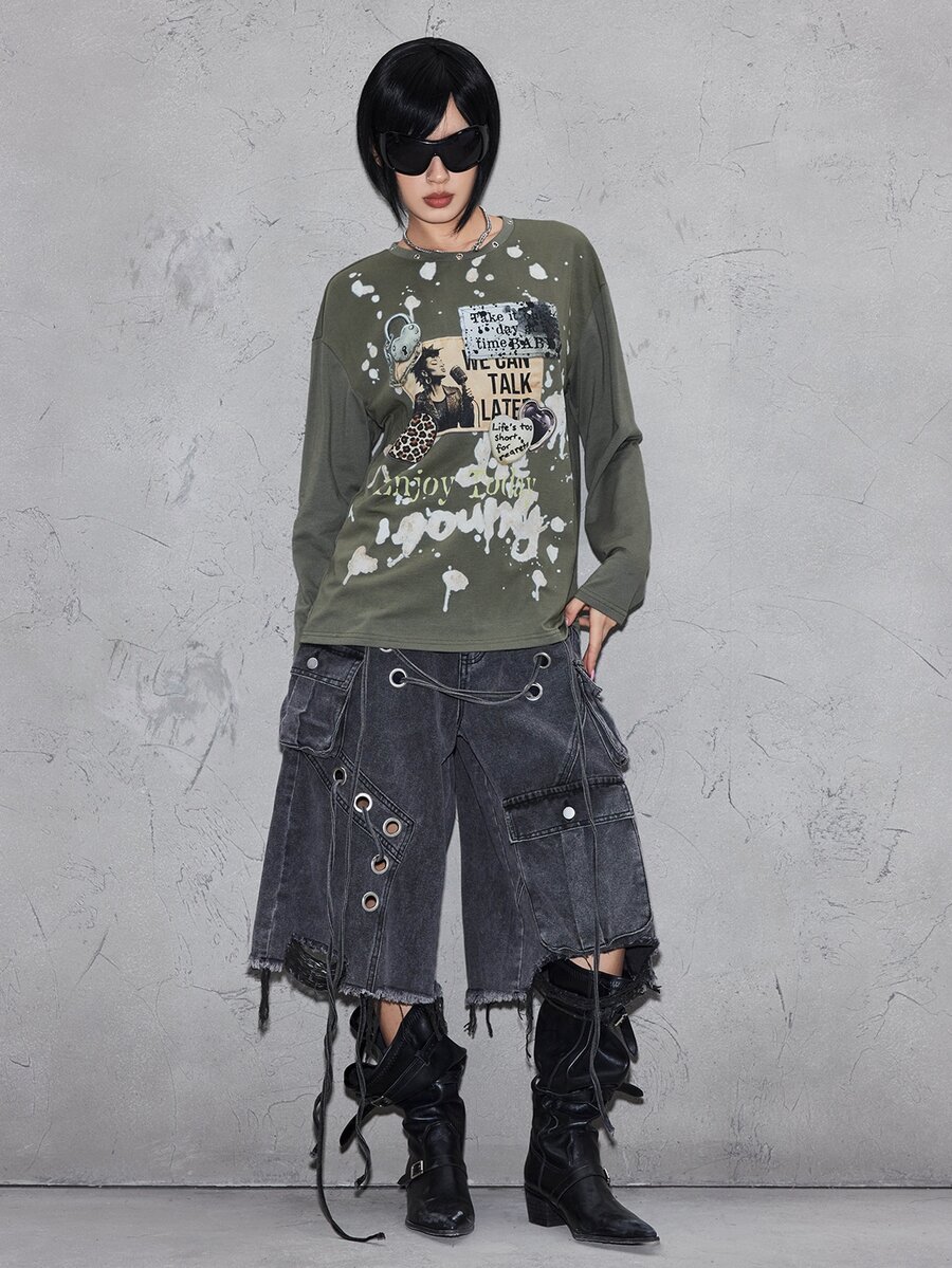ROMWE Grunge Punk Grunge Style Distressed Vintage Punk Metal Rivet Patchwork Embroidered Fitted Loose T-Shirt For Women - Army Green - View 1