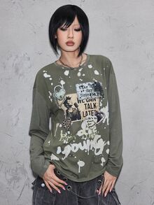 ROMWE Grunge Punk تي شيرت نسائي بقصة ضيقة فضفاضة مطرزة بتصميم رقعات مع مسامير معدنية بأسلوب جرنج عتيق ممزق بانك - أخضر عسكري - مشاهدة 1