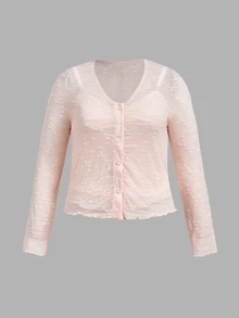 SHEIN MOD Plus Size Pink 2 Pieces Short Top Set Long Sleeve Textured Floral Knit Cardigan And Cami Slim Fit Spring Fall Office Party Coquette Y2K Cute Outfits - Baby Pink - View 10