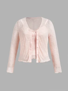 SHEIN MOD Plus Size Pink 2 Pieces Short Top Set Long Sleeve Textured Floral Knit Cardigan And Cami Slim Fit Spring Fall Office Party Coquette Y2K Cute Outfits - Baby Pink - View 2