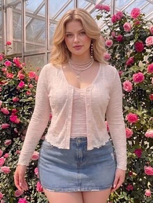 SHEIN MOD Plus Size Pink 2 Pieces Short Top Set Long Sleeve Textured Floral Knit Cardigan And Cami Slim Fit Spring Fall Office Party Coquette Y2K Cute Outfits - Baby Pink - View 4