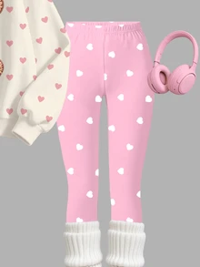 Tween女孩韓系甜美風全印花淺粉色愛心毛絨熊蝴蝶結圓領衛衣與淺粉色白波點愛心修身打底褲套裝，適合度假、旅行、日常穿著，春秋季適用 - 彩色 - 查看 7