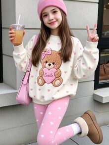 Tween女孩韓系甜美風全印花淺粉色愛心毛絨熊蝴蝶結圓領衛衣與淺粉色白波點愛心修身打底褲套裝，適合度假、旅行、日常穿著，春秋季適用 - 彩色 - 查看 1