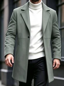 Calvornis Men's Green Fashion Minimalist Notch Lapel Loose Commuter Style Casual Wool Blend Trench Coat Jacket - Green - View 1