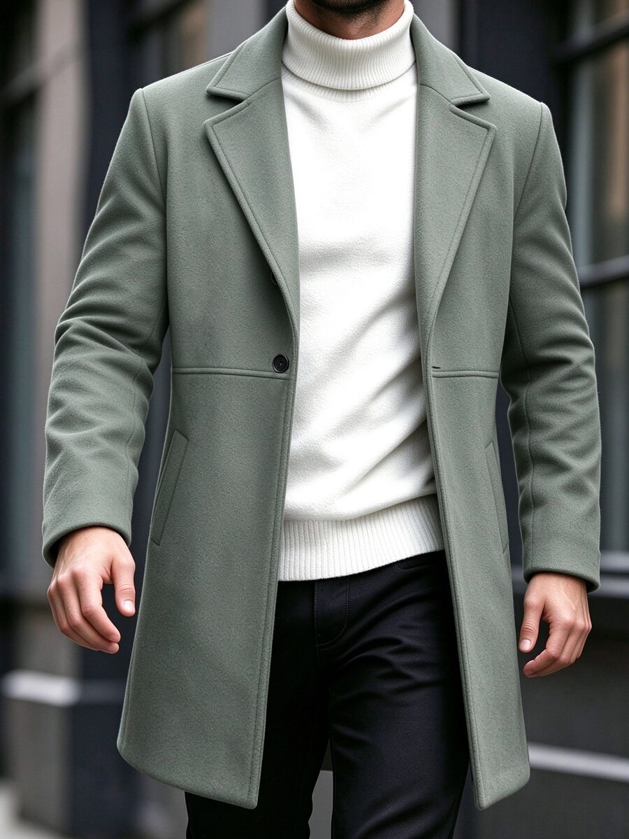 Calvornis Men's Green Fashion Minimalist Notch Lapel Loose Commuter Style Casual Wool Blend Trench Coat Jacket - Green - View 1