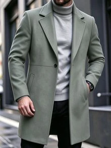 Calvornis Men's Green Fashion Minimalist Notch Lapel Loose Commuter Style Casual Wool Blend Trench Coat Jacket - Green - View 5