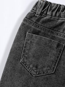 SHEIN 2026 Spring Summer Baby Blue Washed Heavy Ripped Bow Decorated Denim Pants Young Girl Loose Straight Leg Sweet Western Cowgirl Cool Versatile Chic - Dark Grey - View 5