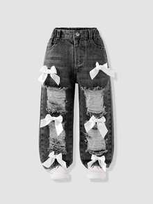 SHEIN 2026 Spring Summer Baby Blue Washed Heavy Ripped Bow Decorated Denim Pants Young Girl Loose Straight Leg Sweet Western Cowgirl Cool Versatile Chic - Dark Grey - View 6