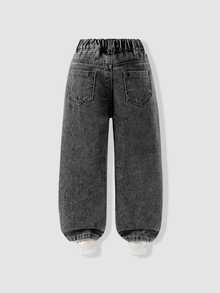 SHEIN 2026 Spring Summer Baby Blue Washed Heavy Ripped Bow Decorated Denim Pants Young Girl Loose Straight Leg Sweet Western Cowgirl Cool Versatile Chic - Dark Grey - View 3